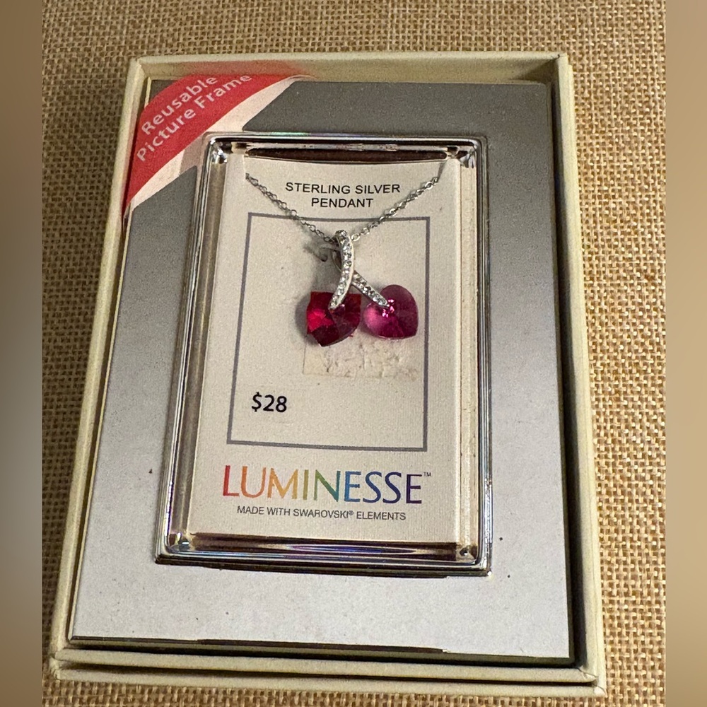 Luminesse Sterling Silver Cherry Hearts Swarovski Crystal Pendant Necklace 18”